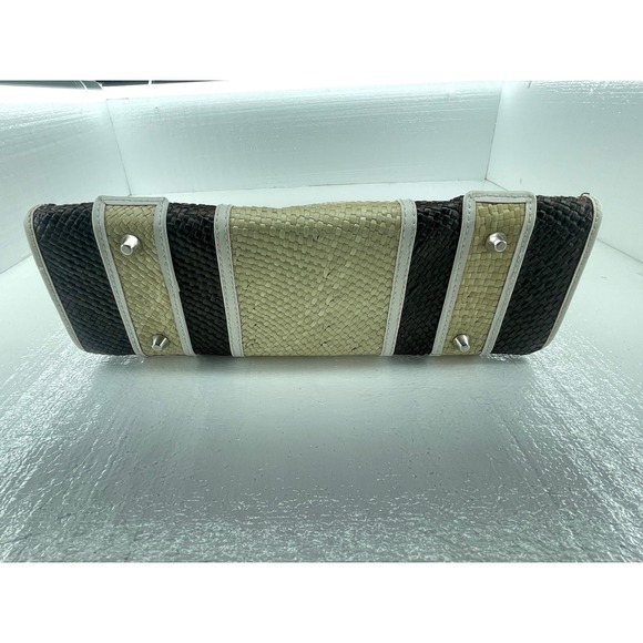 Woven Straw Satchel Bag Top Handle Purse Neutral Colorblock Small - Picture 3 of 8